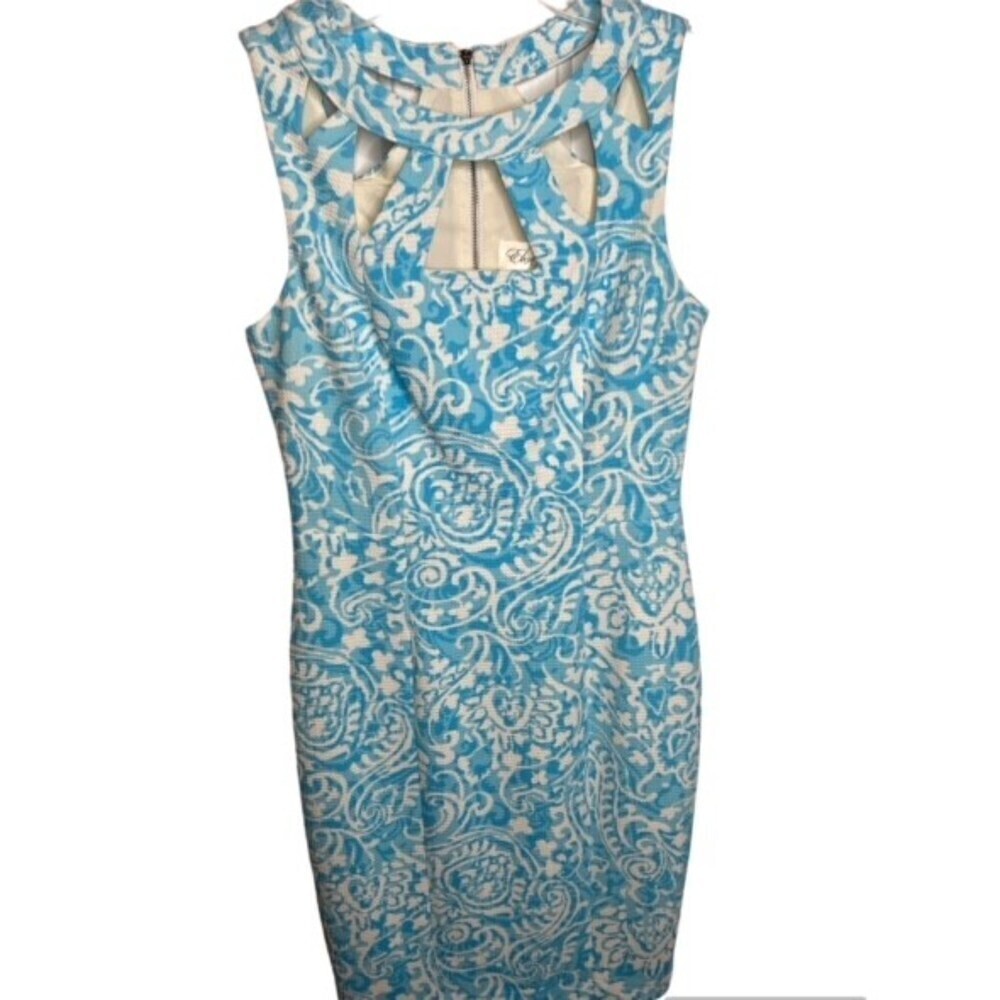 Eliza J Cutout Sheath Dress Size 8 Aqua & White Pattern Knee‎ Length EUC
